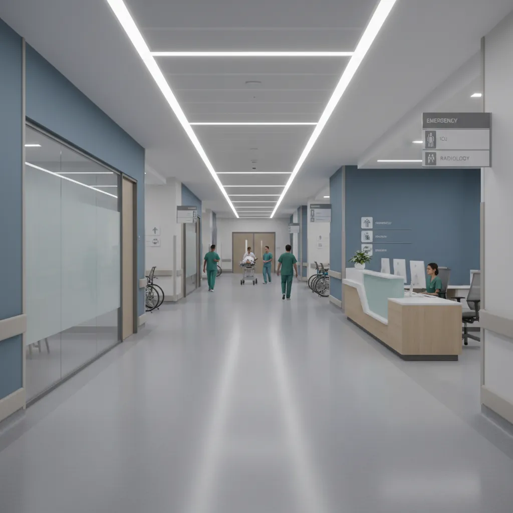modern hospital main corridor showing organized department access
