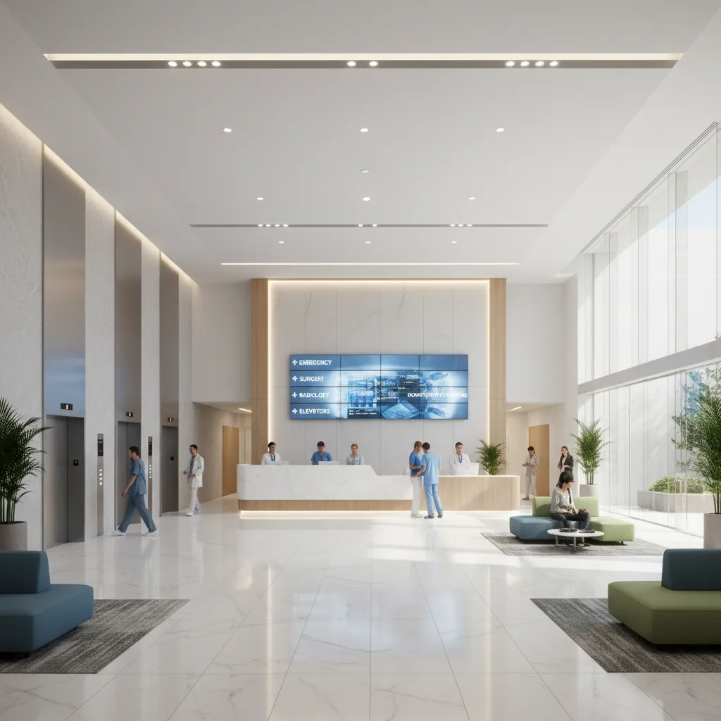 Hospital main lobby with reception desk and directional signage