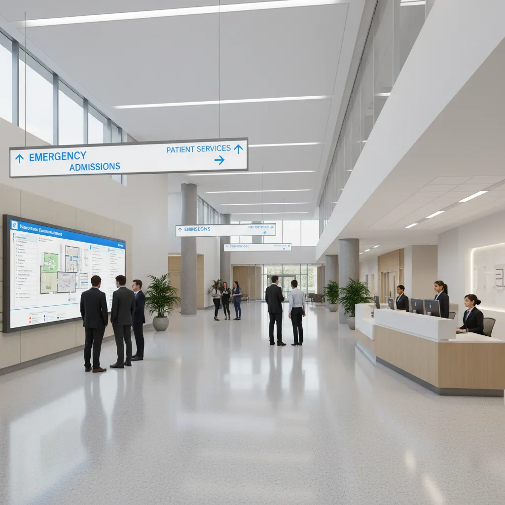 Large hospital lobby with visitors looking at directory signs