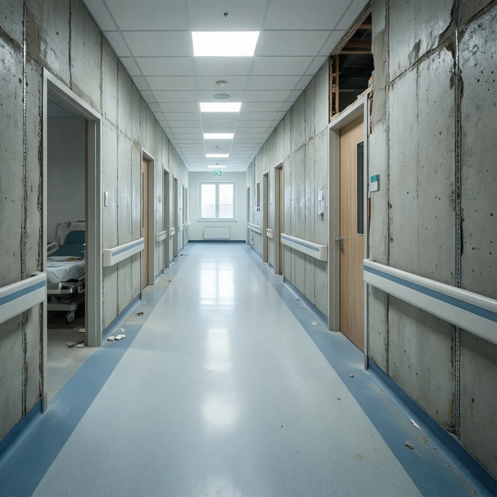 Hospital corridor construction with moisture resistant gypsum wallboard