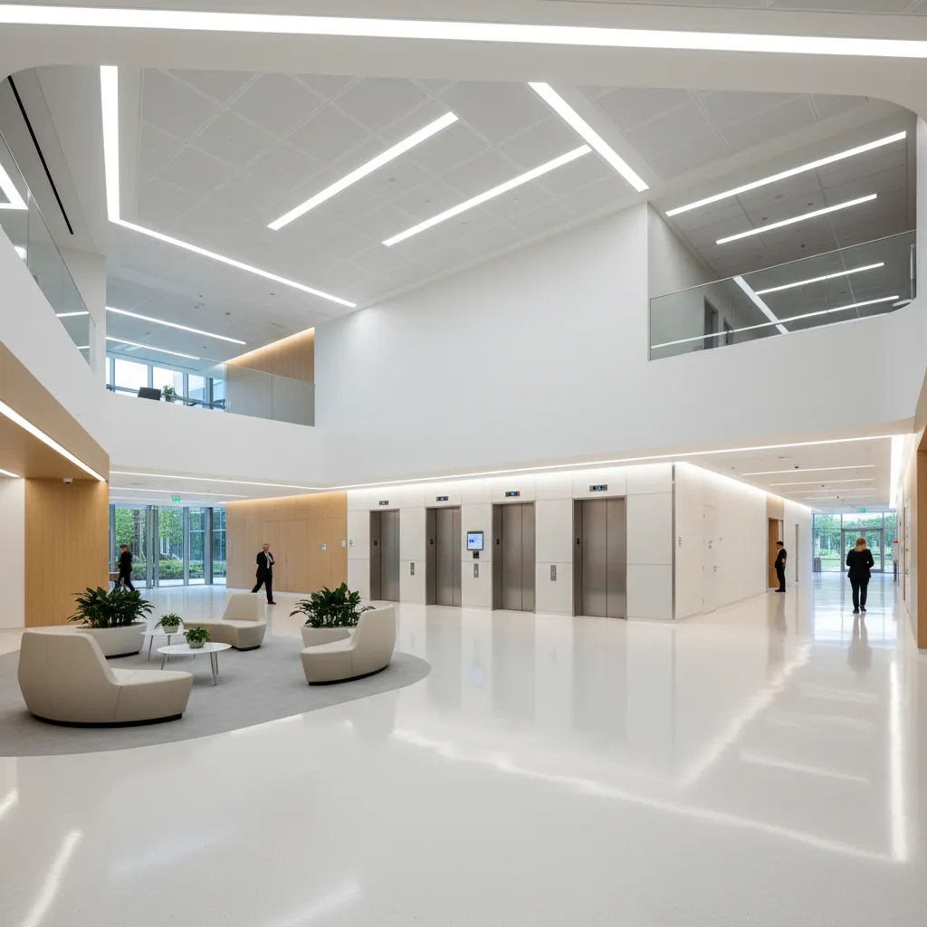hospital interior navigation corridor with elevators and directional pathways