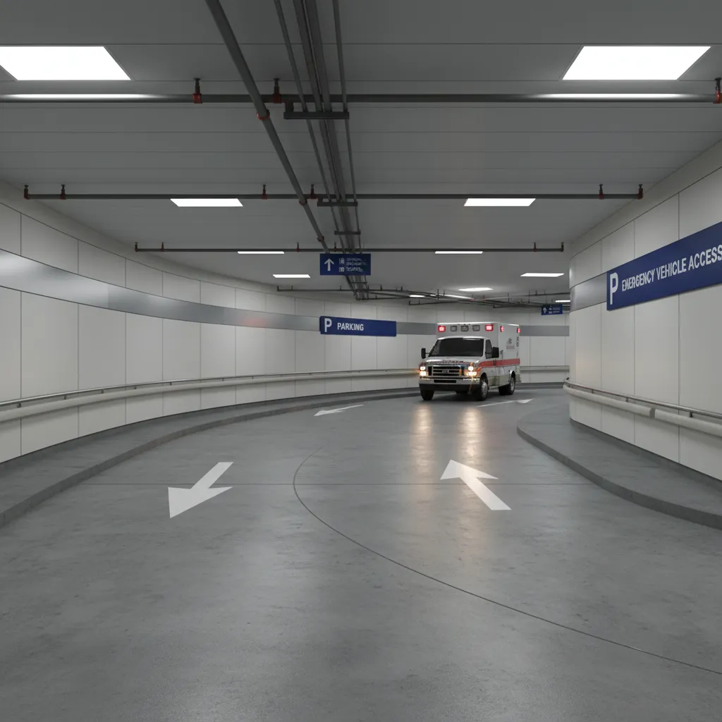 Hospital underground parking ramp designed for ambulance access