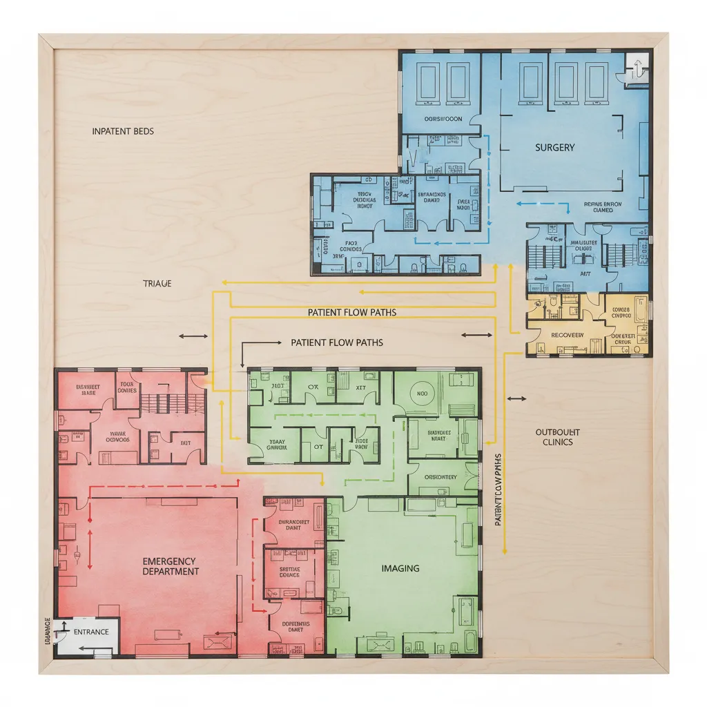hospital floor plan diagram illustrating patient flow between departments
