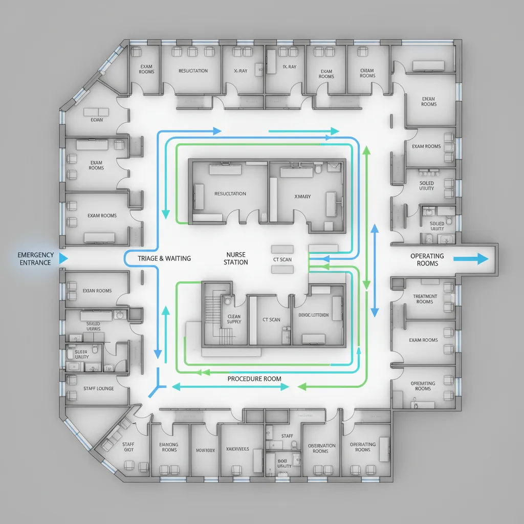 Hospital floor plan diagram showing patient flow from emergency to imaging
