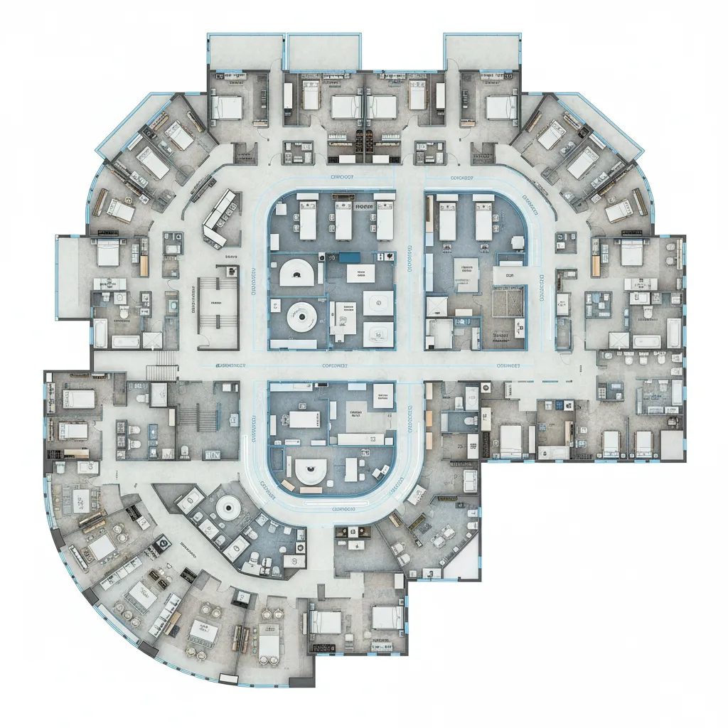 hospital floor plan showing patient and staff circulation paths