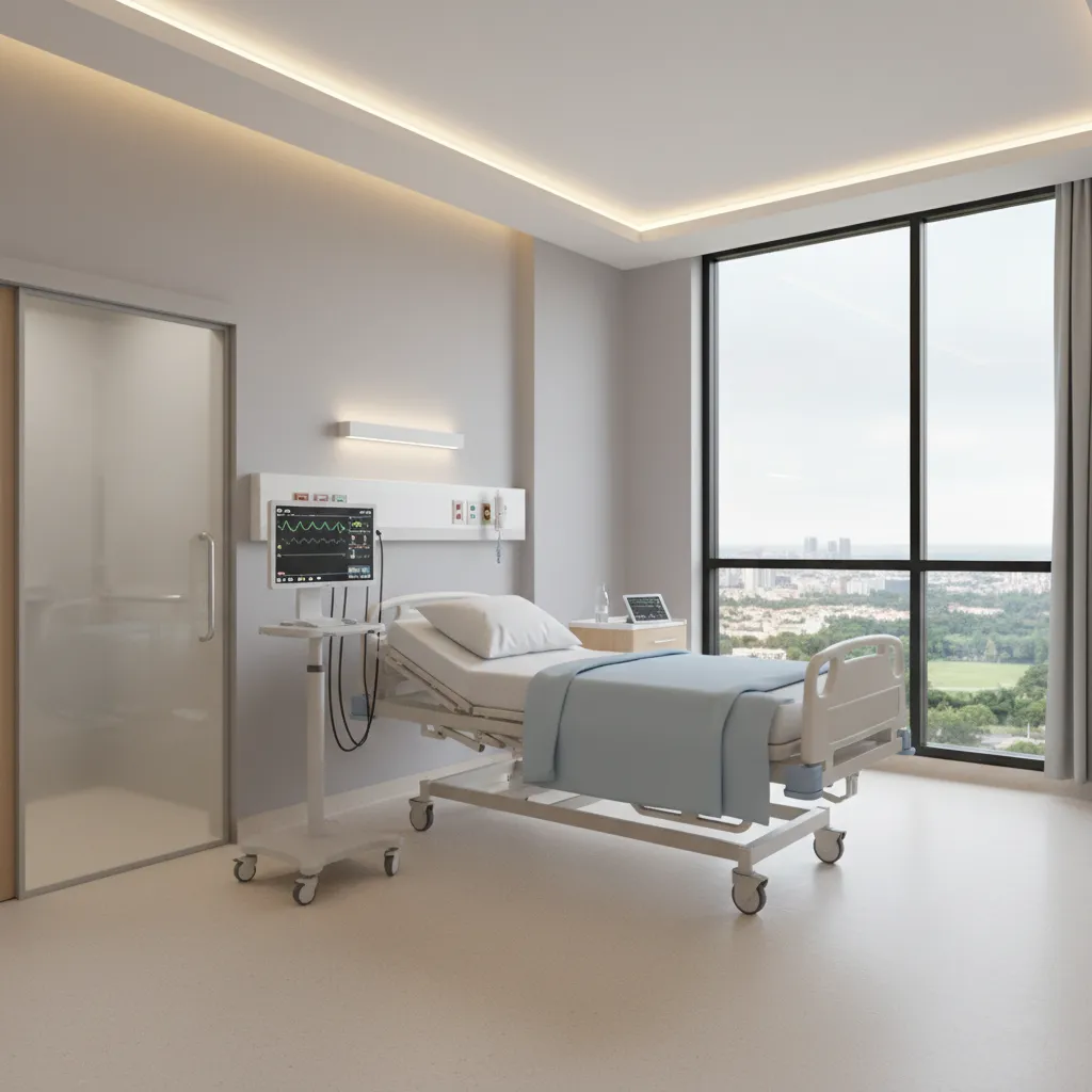 hospital patient room 3D visualization with bed clearance and medical equipment layout