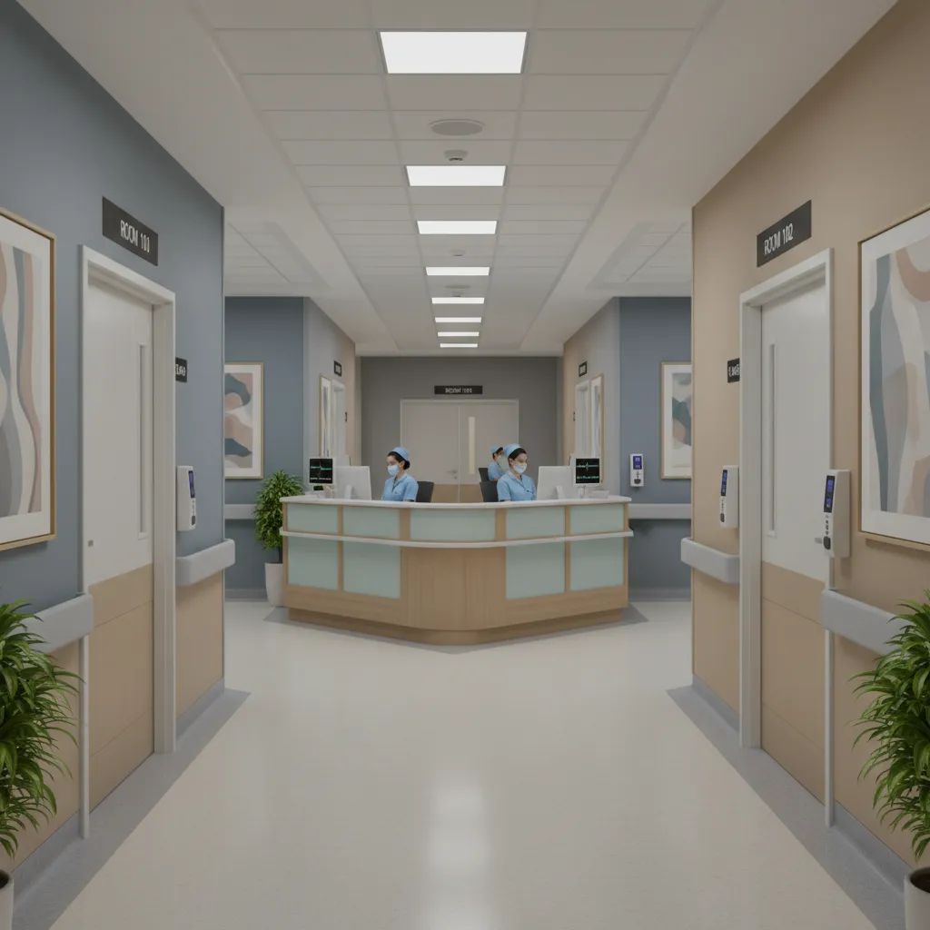 Hospital patient wing corridor with nurse station and directional signage