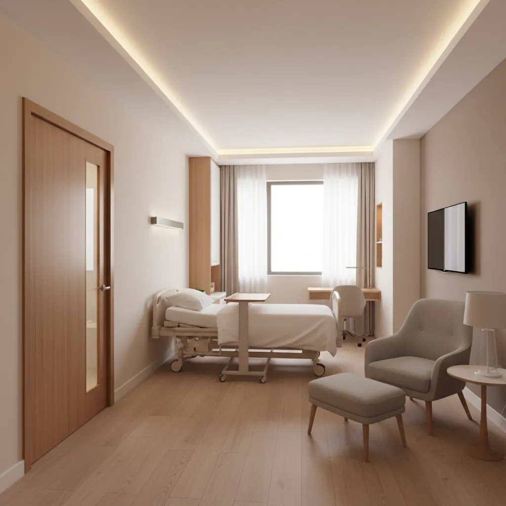 Modern private hospital room with single bed and family seating