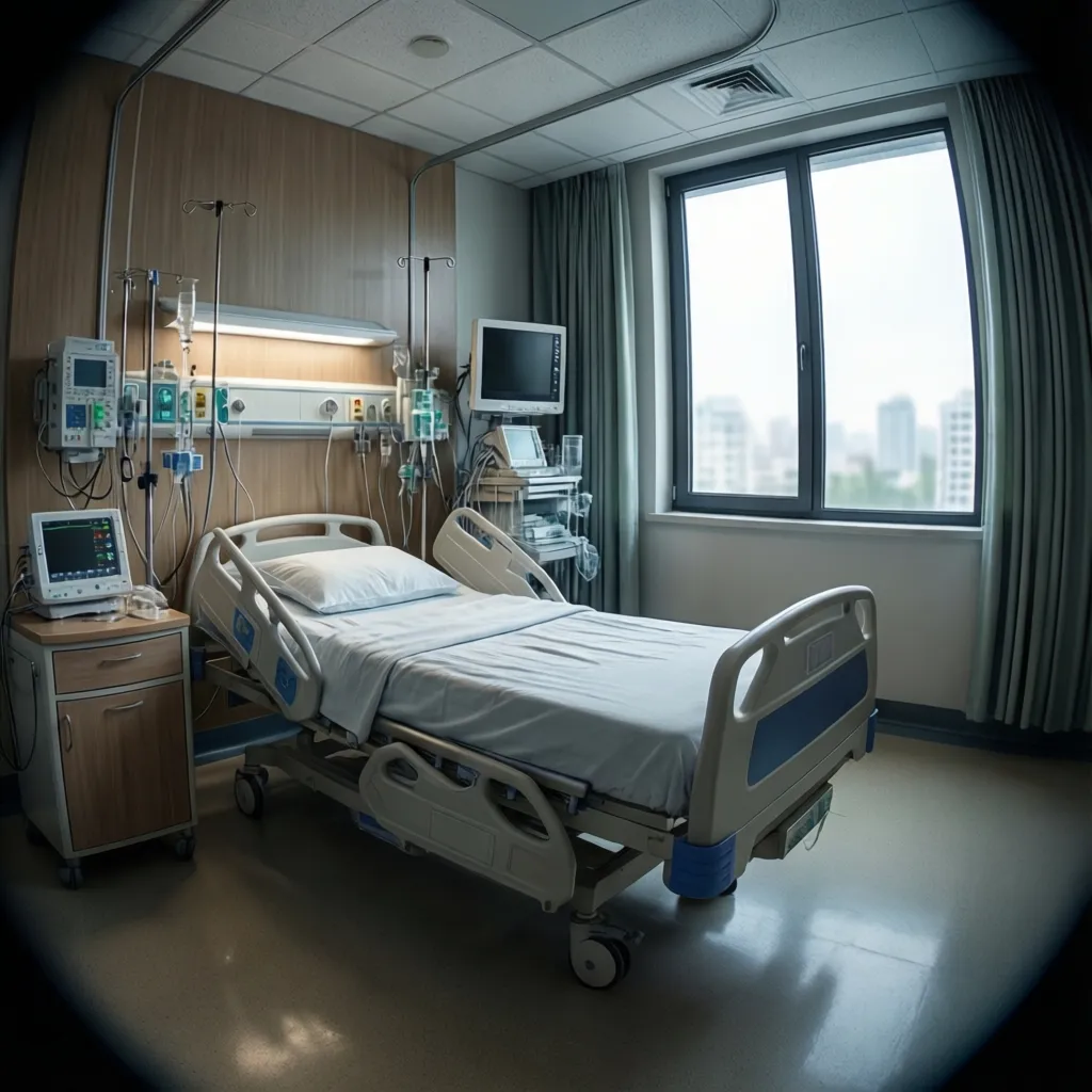 Modern private hospital patient room with bed and monitoring equipment