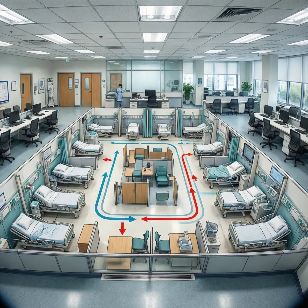 hospital emergency department layout planning diagram showing patient and staff circulation