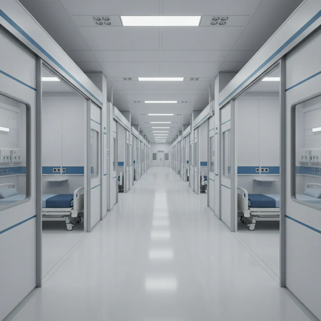 Repeated patient rooms arranged using modular block layout in hospital model
