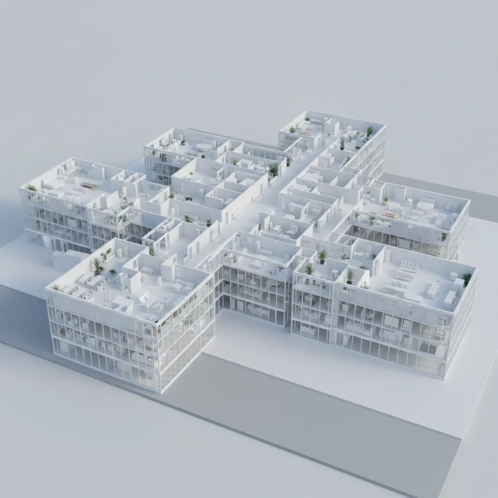 Complex hospital building 3D model with multiple departments and floors