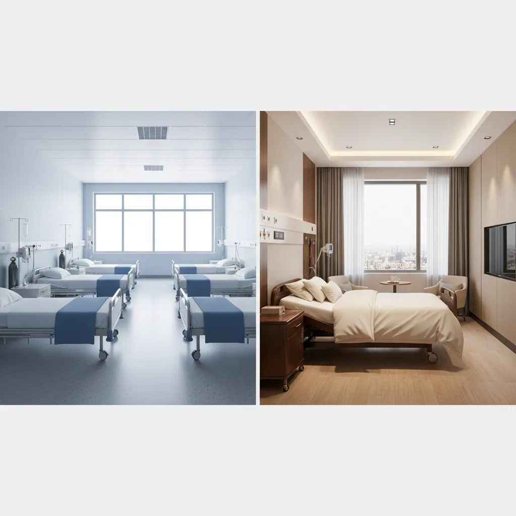 Side by side comparison of a shared hospital ward and a private modern medical suite