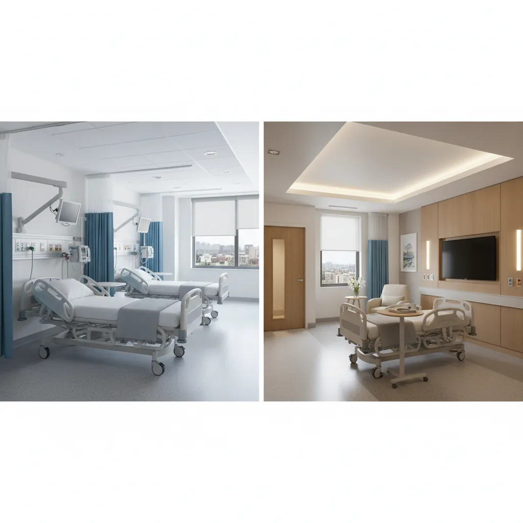 Comparison between a standard shared hospital ward and a private room with wooden wall panels