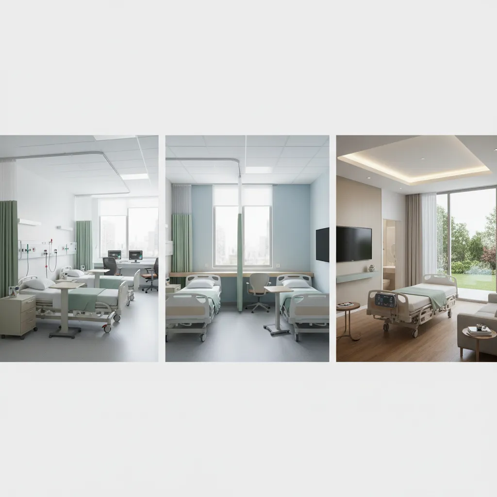 Comparison view of hospital ward bed, semi private room and private hospital room