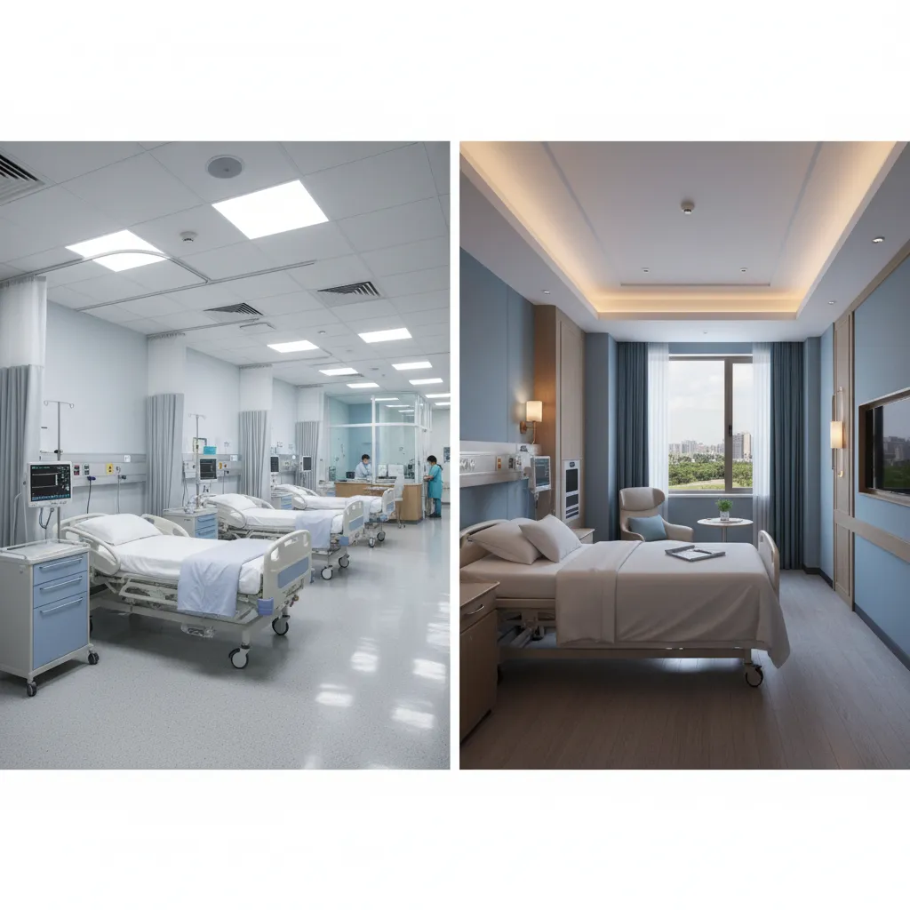 Comparison of general ward beds and private hospital room layout