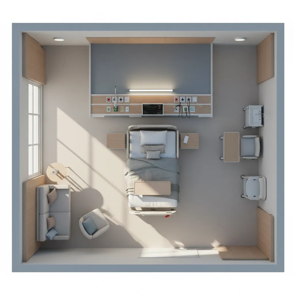 Top down room layout of hospital bedroom with bed sofa chair desk and medical equipment