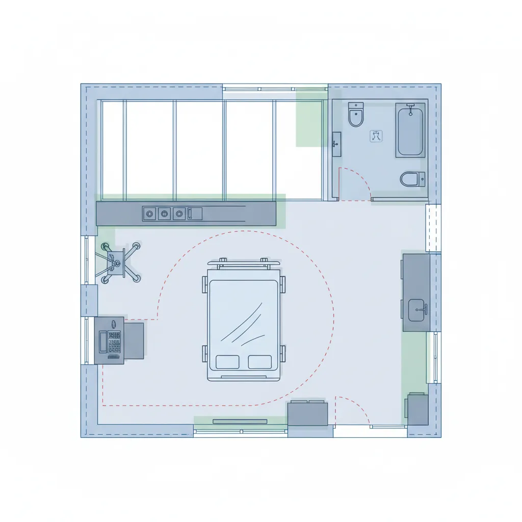 Hospital room layout plan showing a single bed small bathroom work desk and storage cabinets