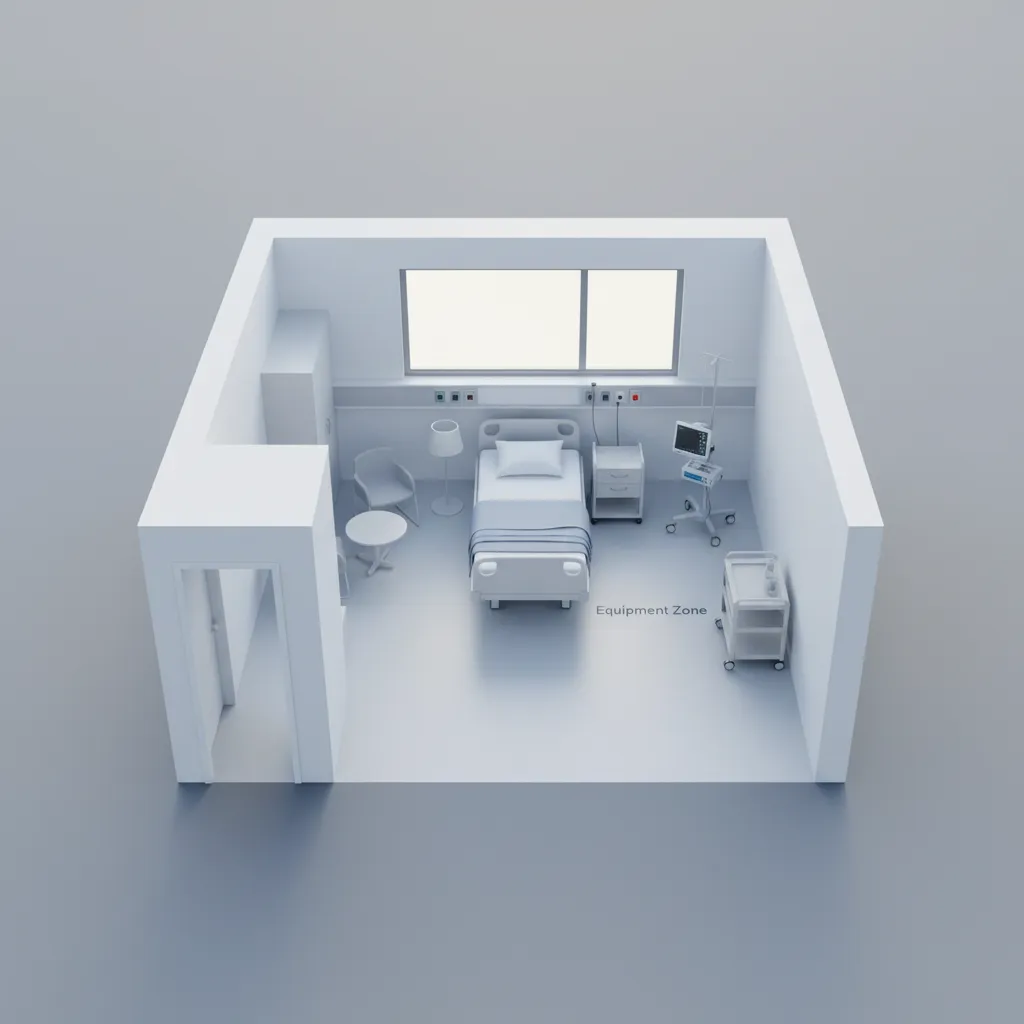 White hospital room interior design drawing showing bed, medical monitor, window, chair, and floor lamp