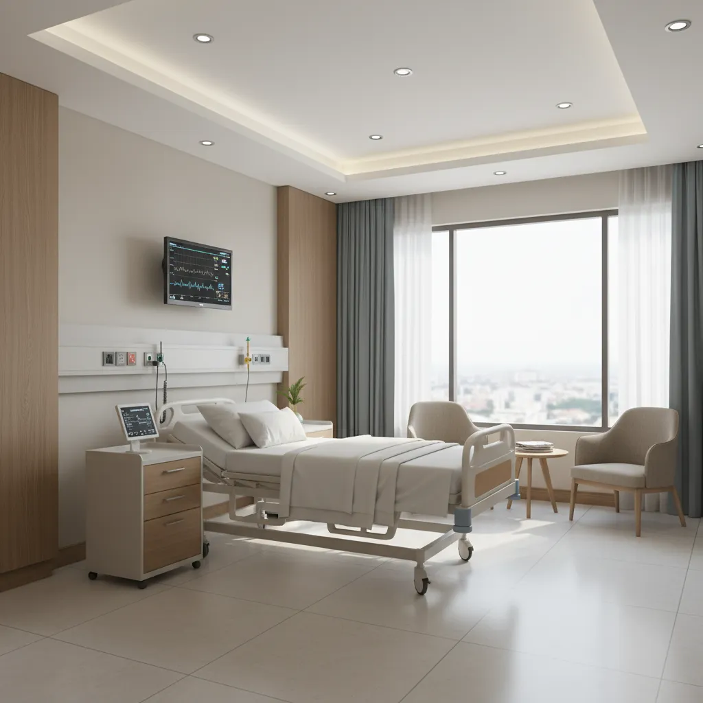 Interior design drawing of a modern hospital room with medical bed wooden walls and chairs