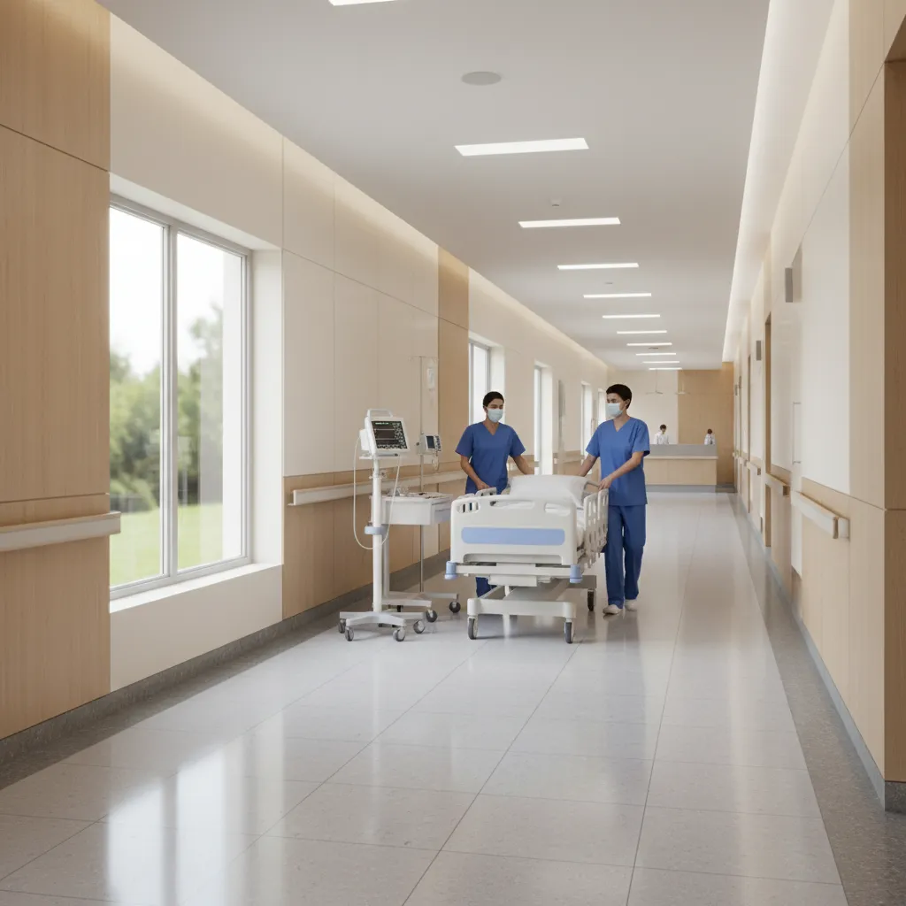 Hospital corridor showing patient transfer between departments