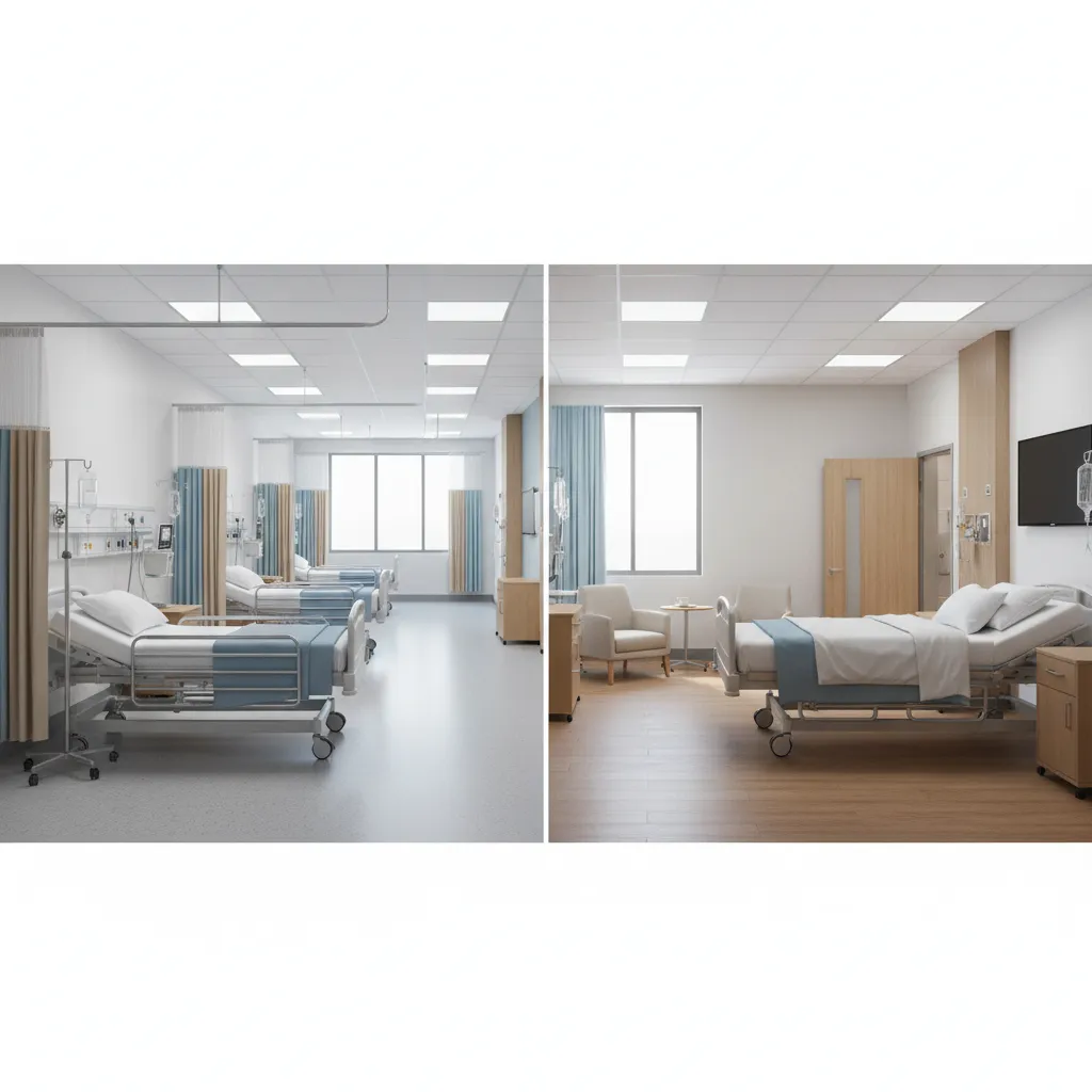 Comparison of hospital ward beds and private patient room layout