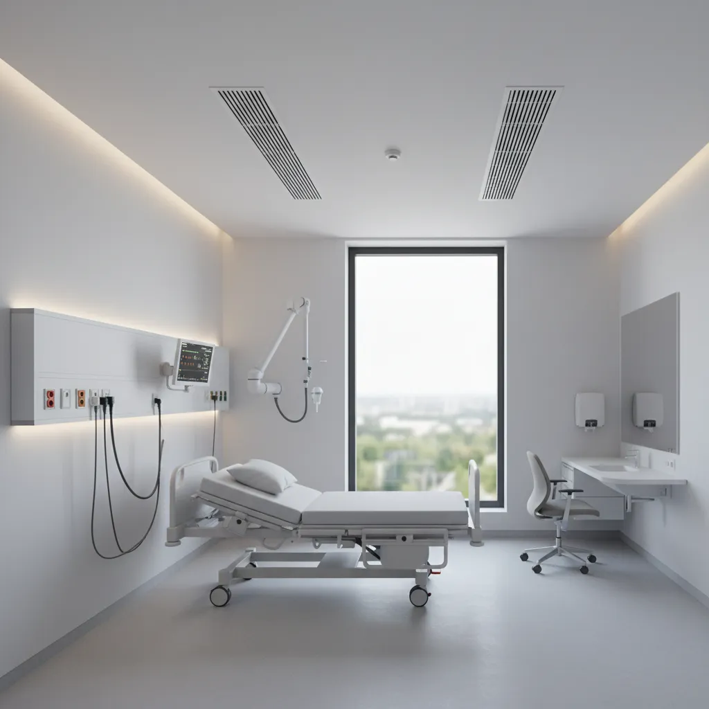 modern hospital patient room showing medical equipment and ventilation systems