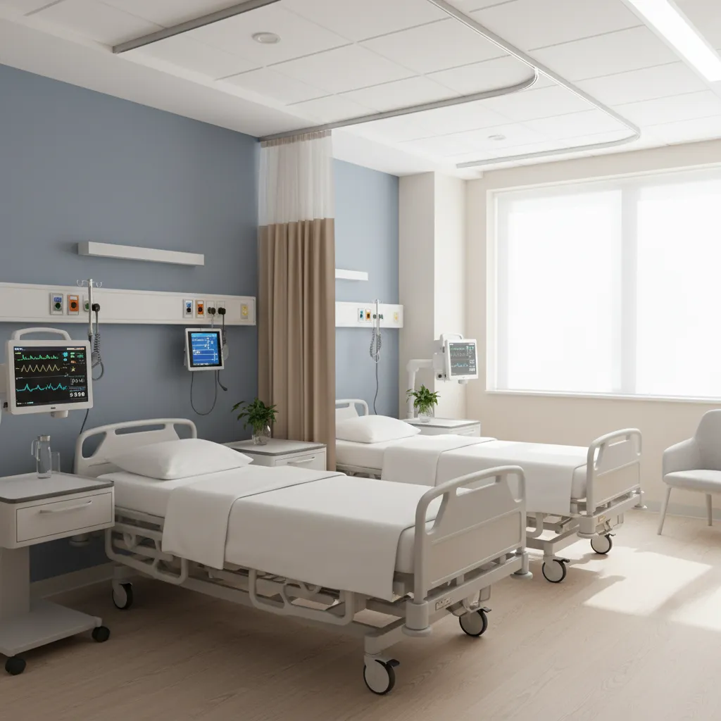 Clean semi private hospital room with two beds separated by curtain