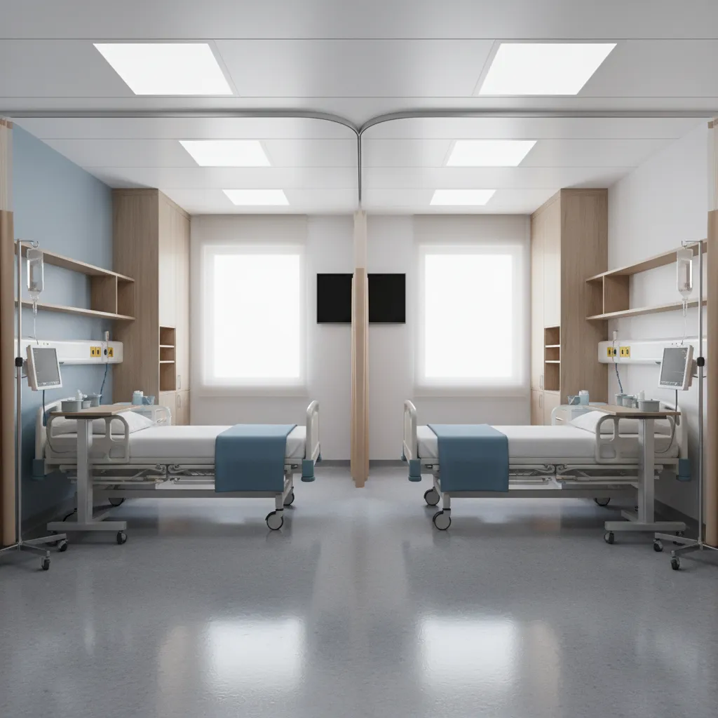 Twin sharing hospital room with two beds separated by curtain
