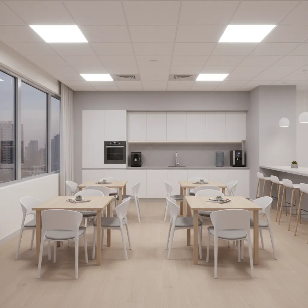 hospital staff break room with bright neutral lighting