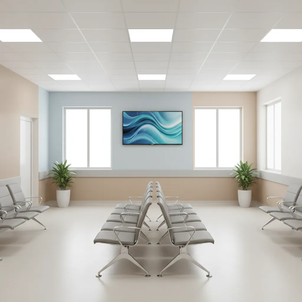 Hospital waiting room with TV mounted high on wall
