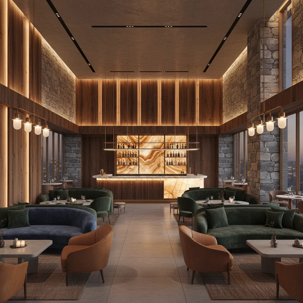 Restaurant or hotel lounge interior featuring layered AU decor lighting and textured materials