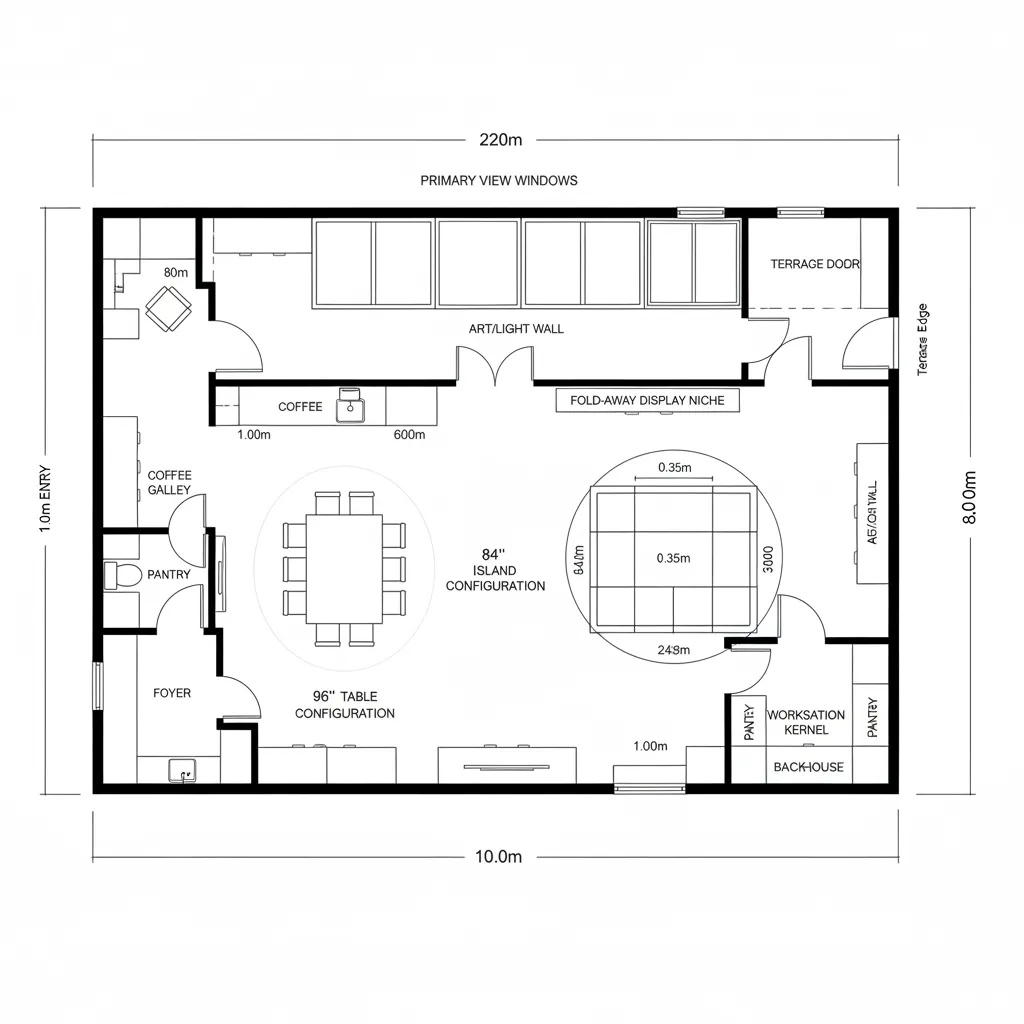 Top-down CAD plan of hospitality-focused suite with convertible forum and terrace loop