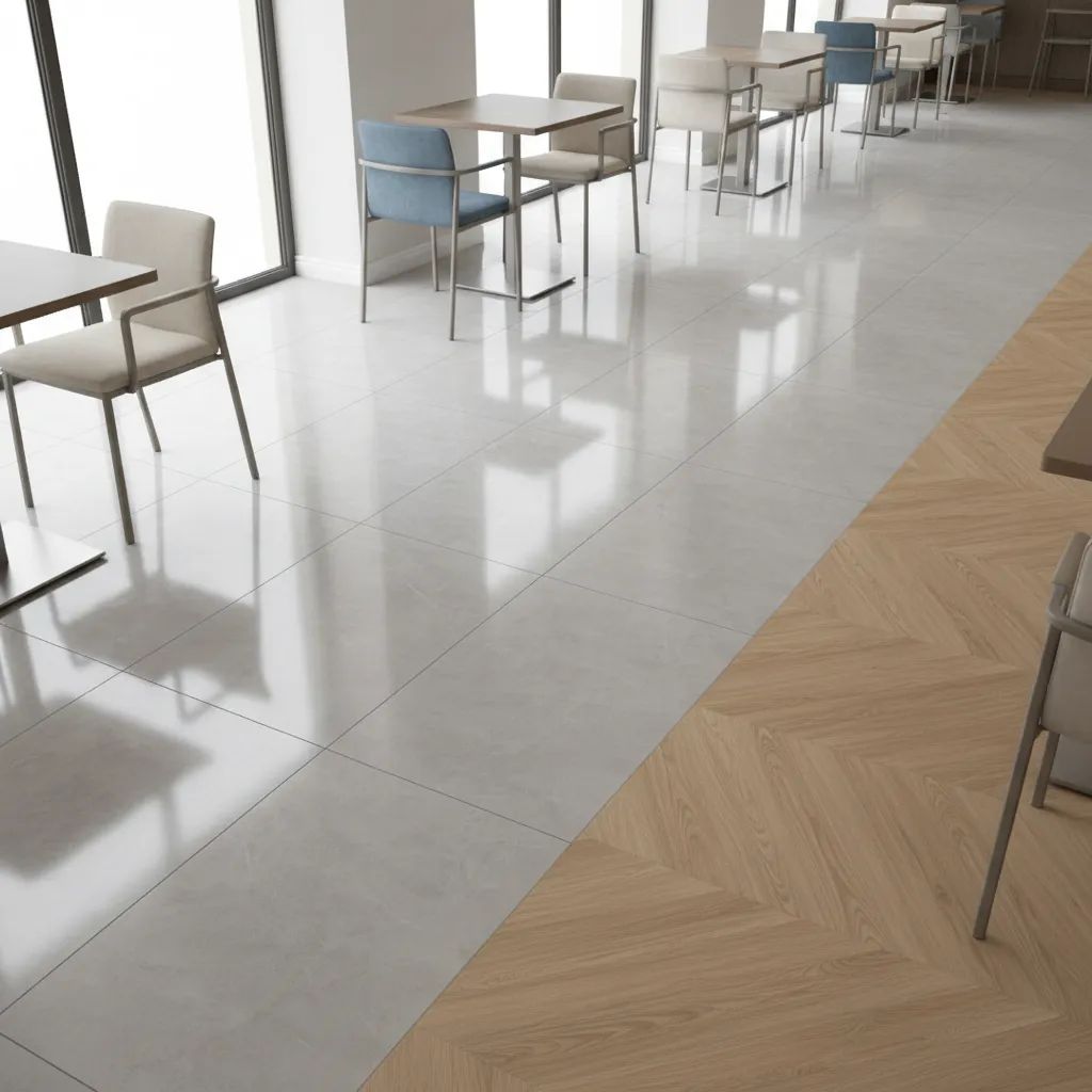 Porcelain tile and luxury vinyl flooring in a hospitality dining space