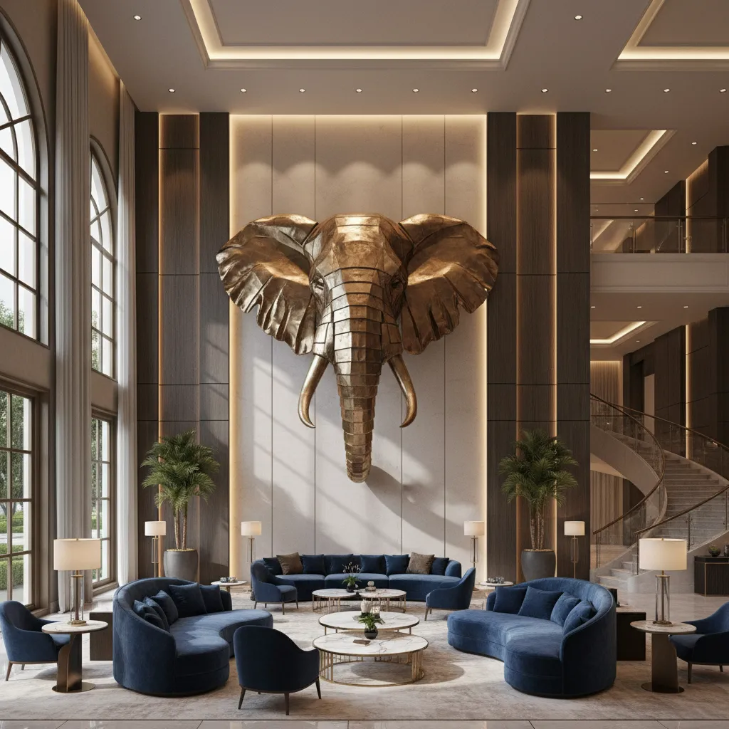 Large elephant head sculpture installed on hotel feature wall