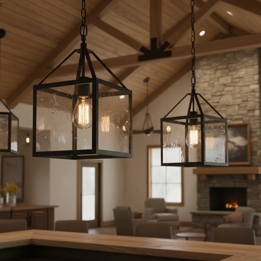 Close view of farmhouse lighting materials used in hospitality interiors