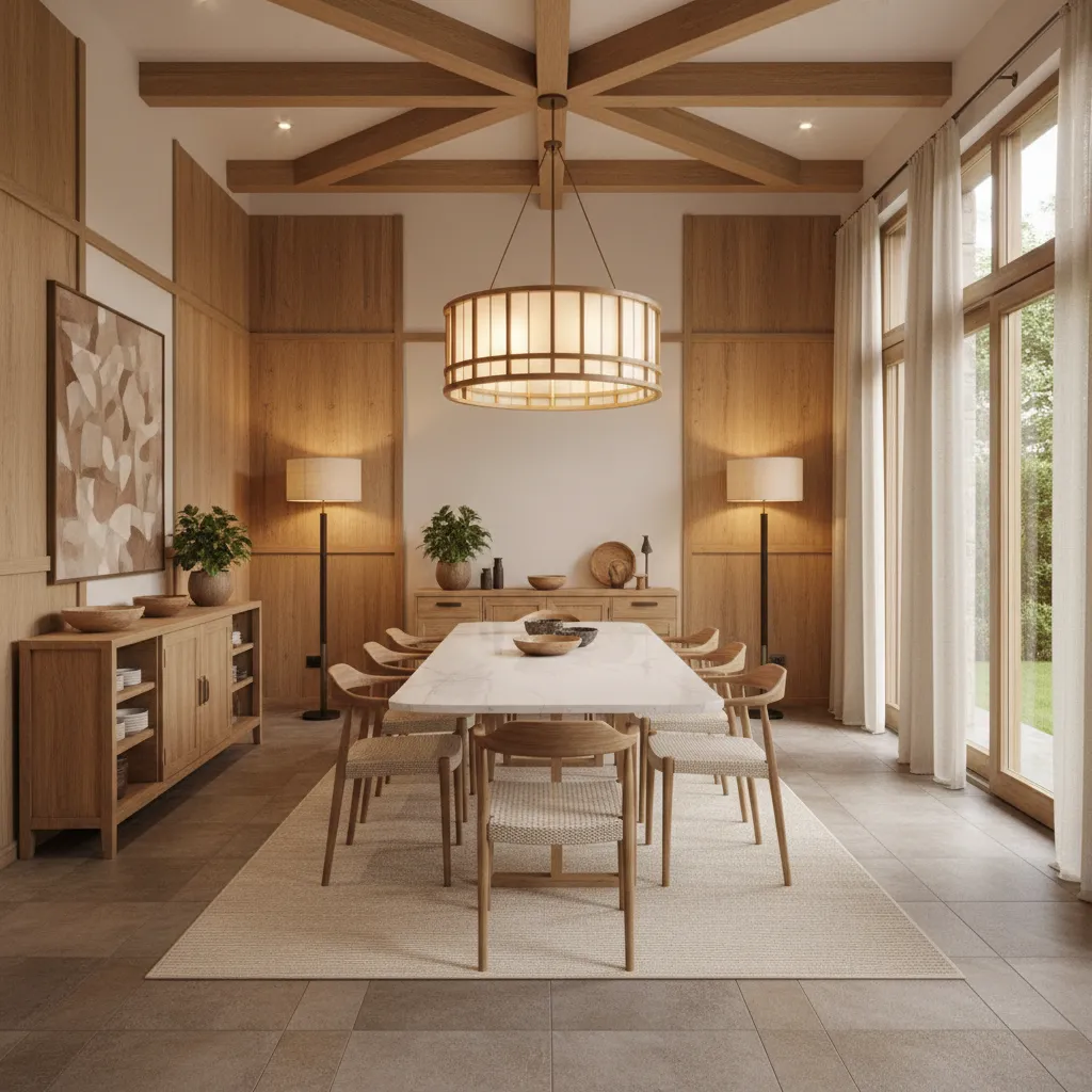 Stylish guest house dining room with durable surfaces and warm lighting
