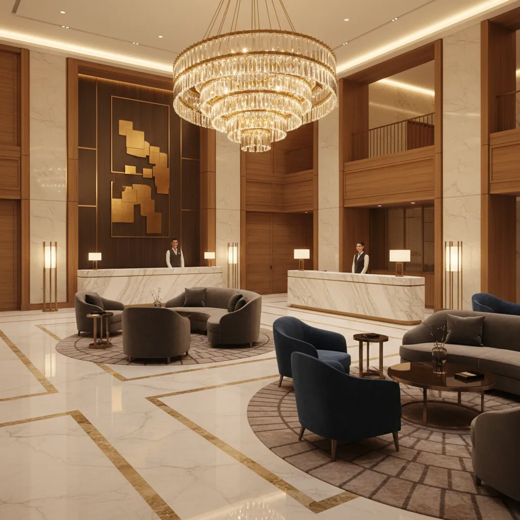 Luxury hotel lobby with large ceiling light marble floor reception desks and elegant seating area