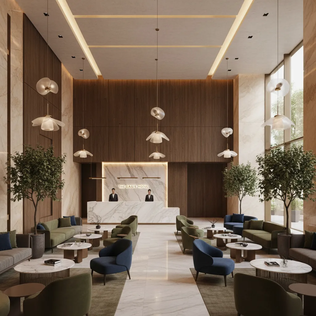 Boutique hotel lobby interior showing seating zones lighting layers and circulation layout