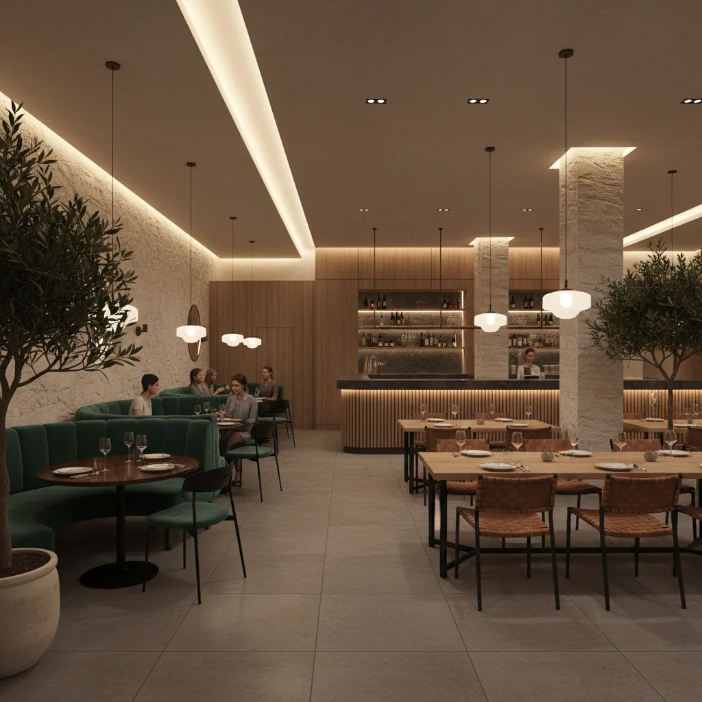 Stylish restaurant interior showing hospitality design atmosphere and lighting
