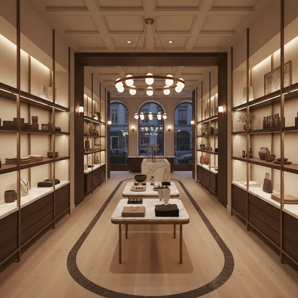 Stylish boutique retail interior with atmospheric lighting and decorative displays