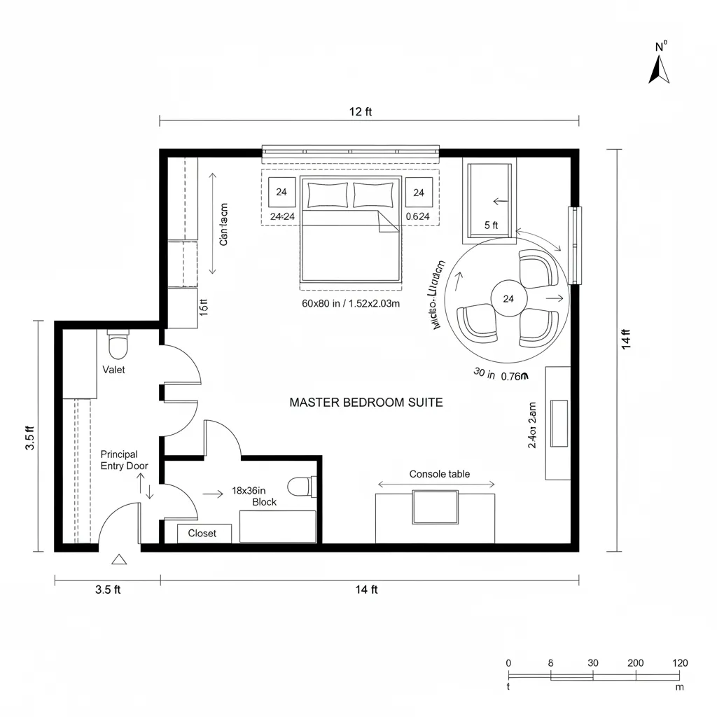 Top-down CAD plan of a 12x14 hospitality-mode master bedroom with micro-lounge