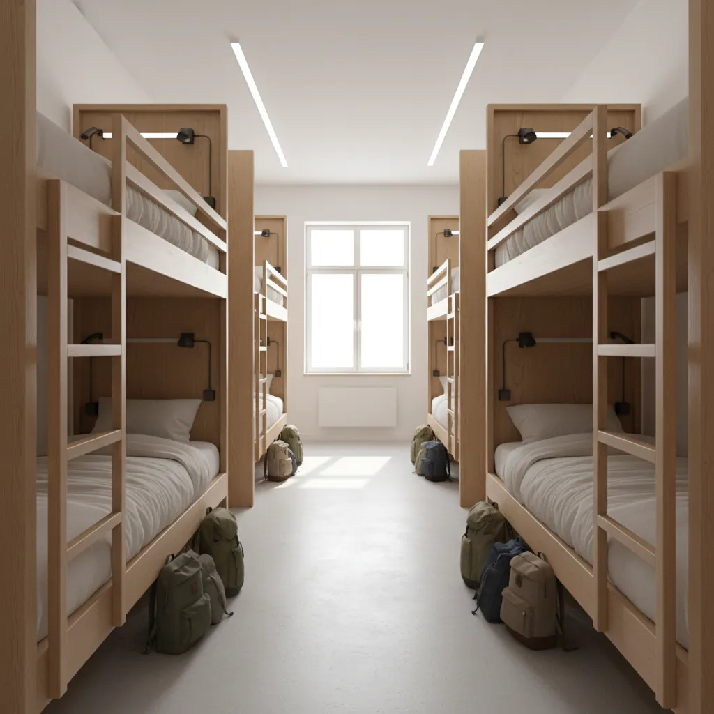 Hostel dorm room with organized bunk bed rows and central walkway
