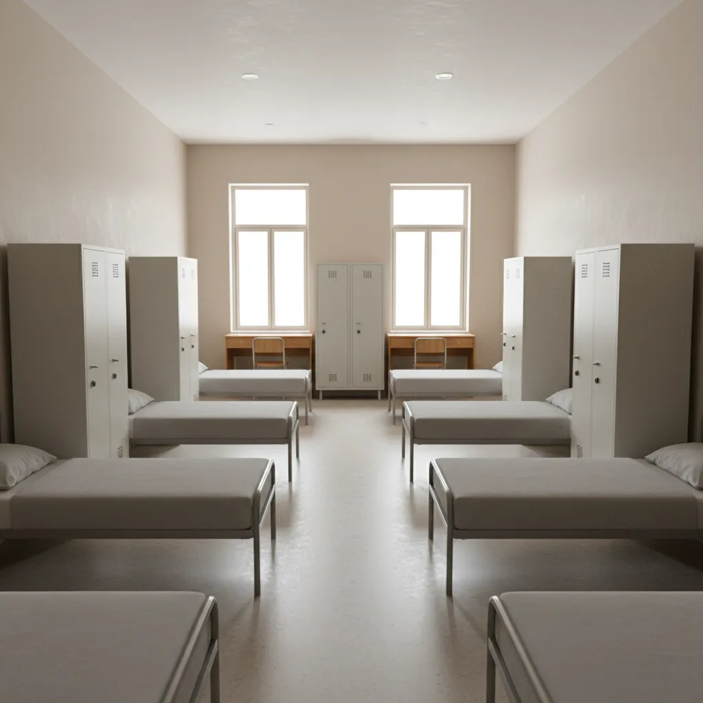Student hostel dormitory room with steel almirah wardrobes beside beds