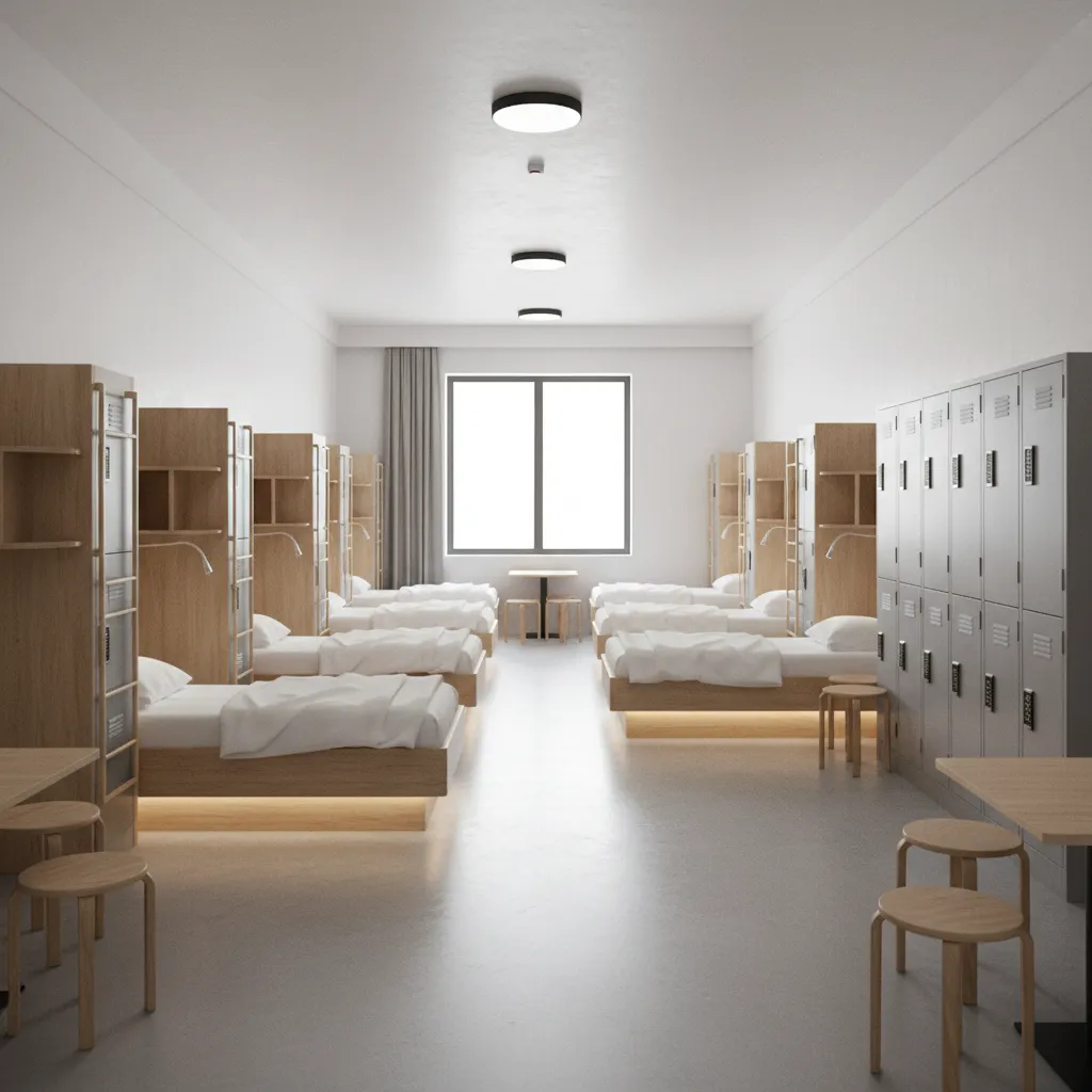 Hostel dorm room with beds placed along walls to maximize space