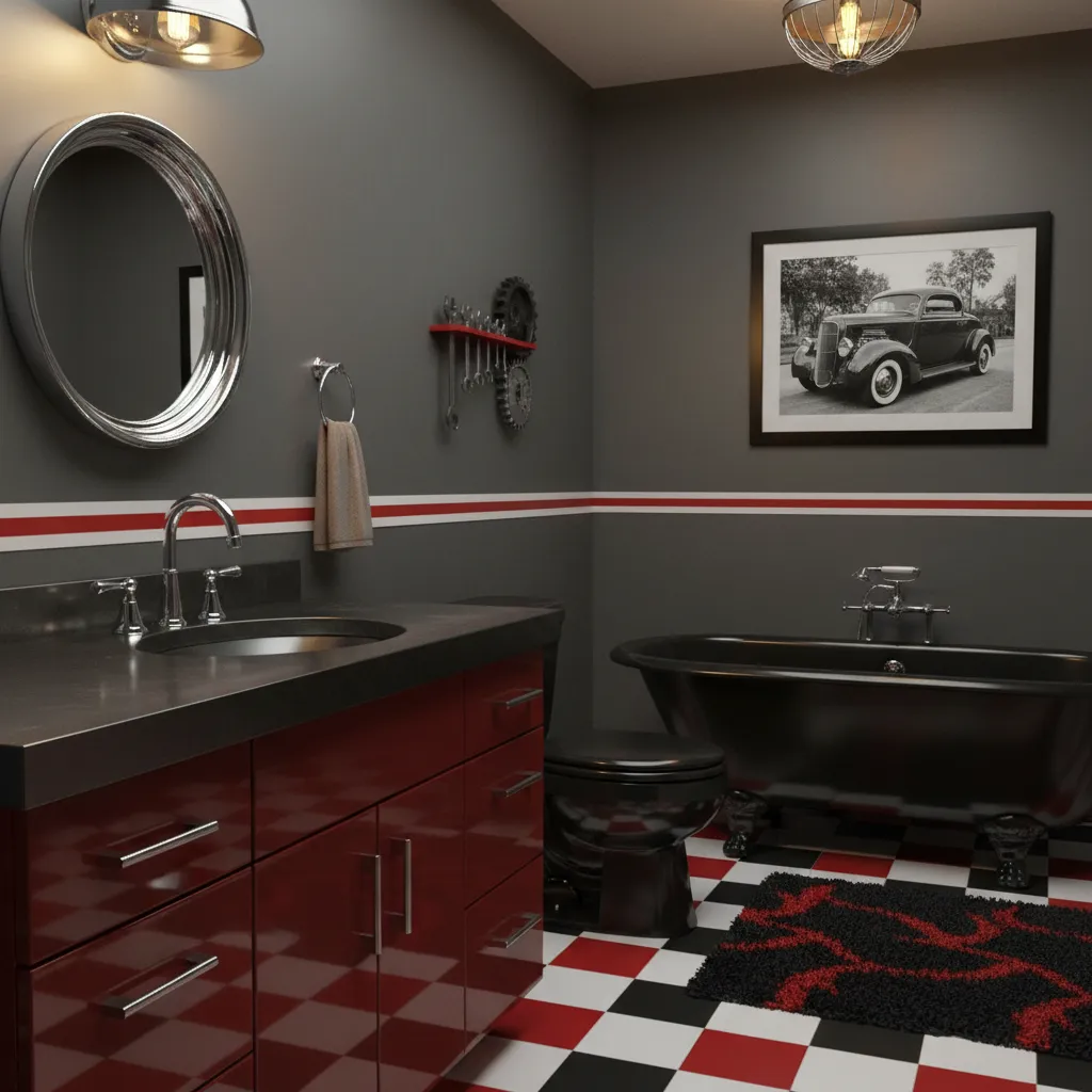 hot rod style bathroom with red accents chrome fixtures and checkerboard floor