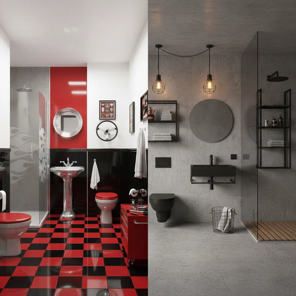 Hot Rod Bathroom vs Industrial Garage Bathroom Design Differences
