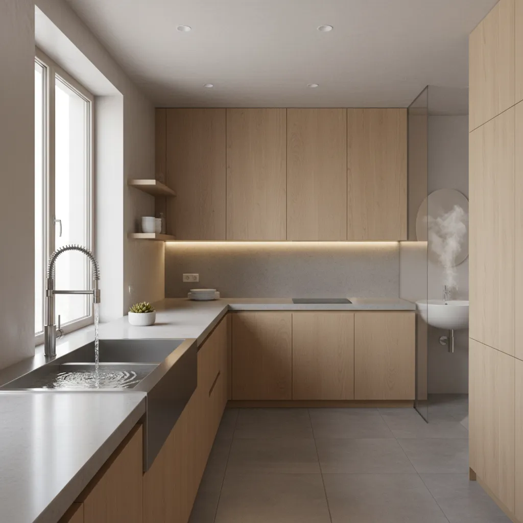 Modern kitchen with light wood cabinets grey tiled floor and a glass wall showing bathroom