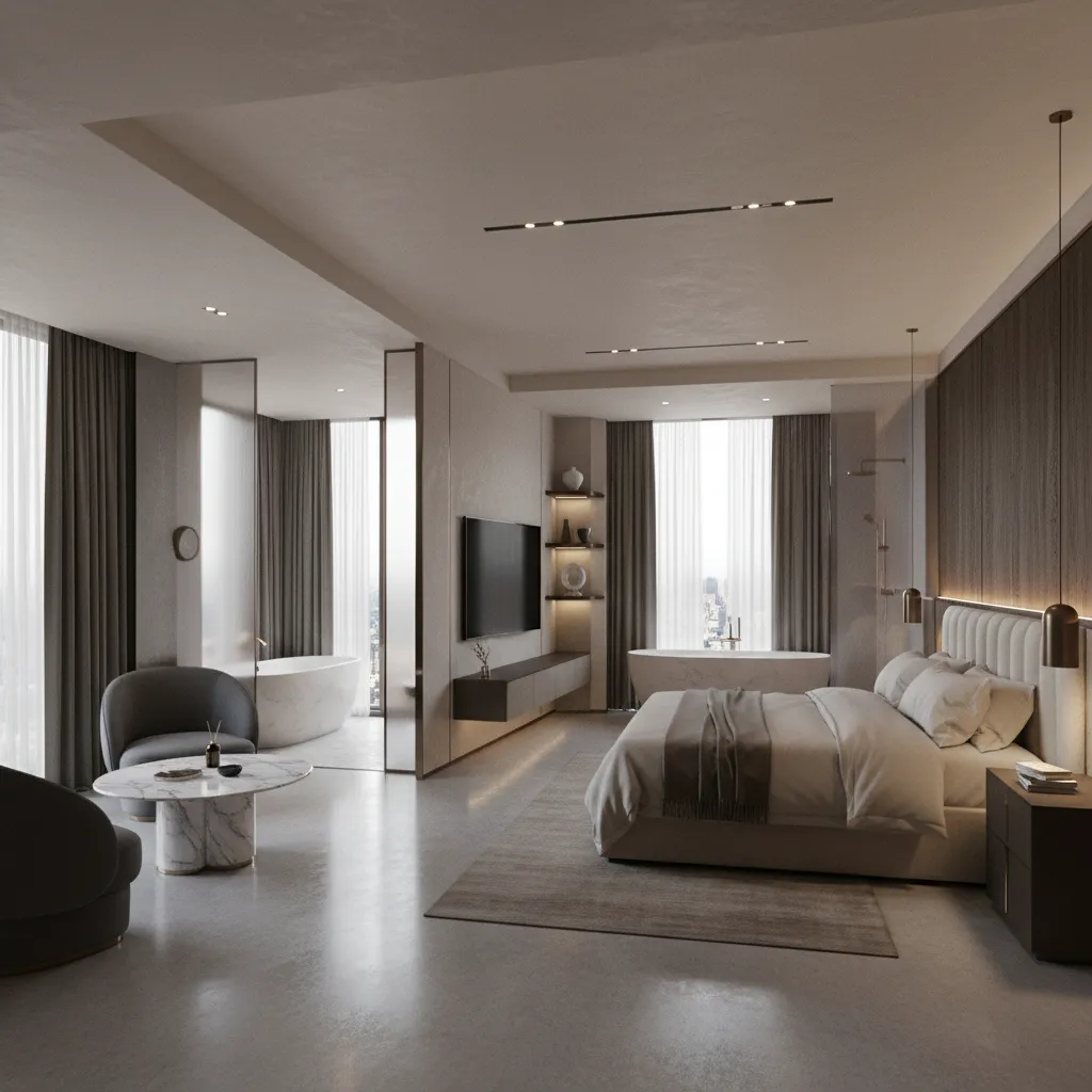 Render 3D de diseño interior de hotel mostrando planificación espacial