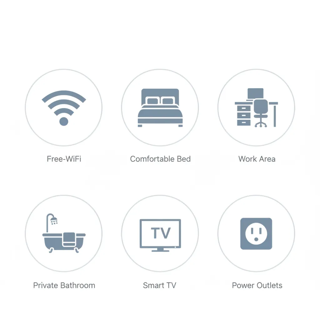 Hotel room amenities displayed using icon grid on booking website interface